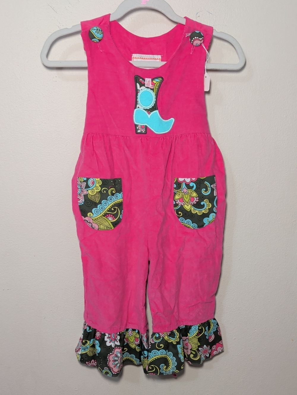 Southern Tots Pink Corduroy Jumpsuit with Cowgirl Boot Applique Girls Size 12M